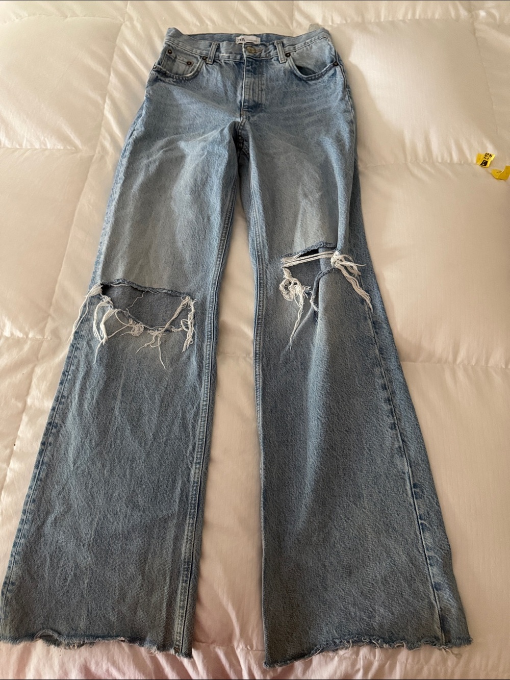 Zara Light Blue Distressed Wide-Leg Jeans
